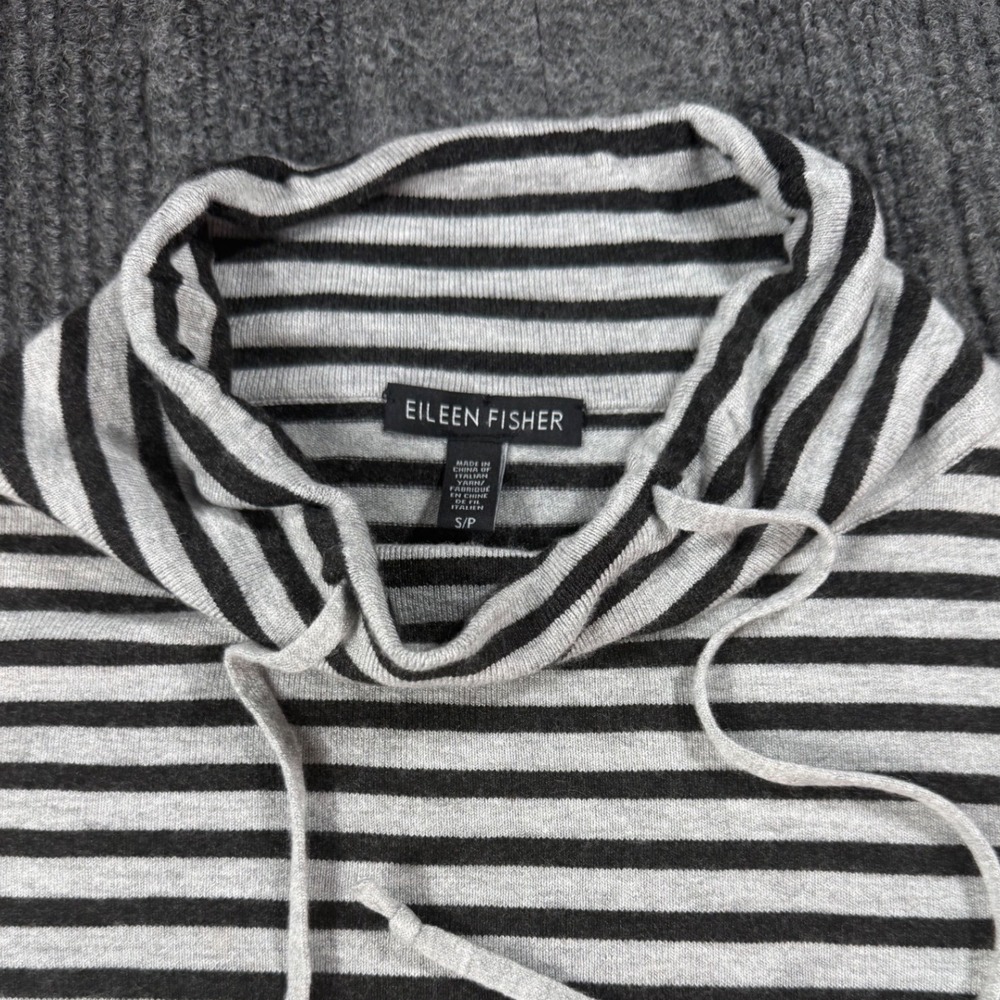 Eileen Fisher Womens Striped Cowl Neck Drawstring Sweater Grey Black Size SP - Picture 2 of 7